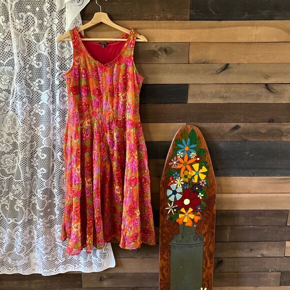 J Peterman Sheer Floral Fully Lined Sleeveless Midi Dress Pink Floral Size 10 - Picture 9 of 10